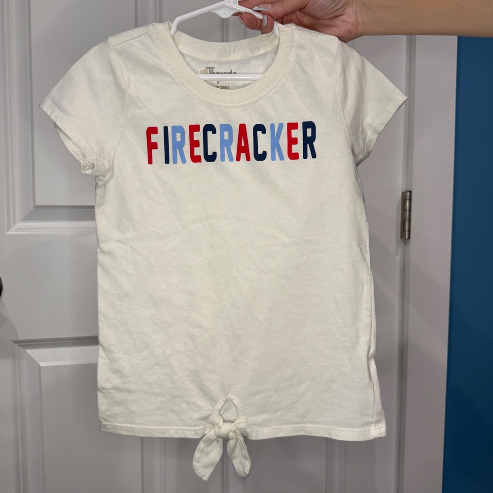 10 Threads Girls Firecracker Tie Front Graphic T-Shirt White Red Blue Size 8